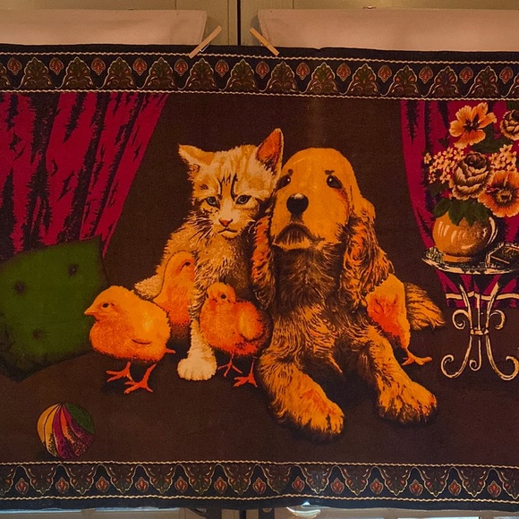 Other - Vintage tapestry fabric wall hanging cocker spaniel dog cat chicks flowers